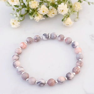 Pink Zebra Jasper Crystal Bracelet Sterling Silver, Pink Stone Beaded Bracelet