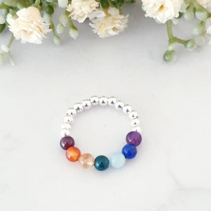 Beaded Crystal Rainbow Ring Sterling Silver Stretch Design