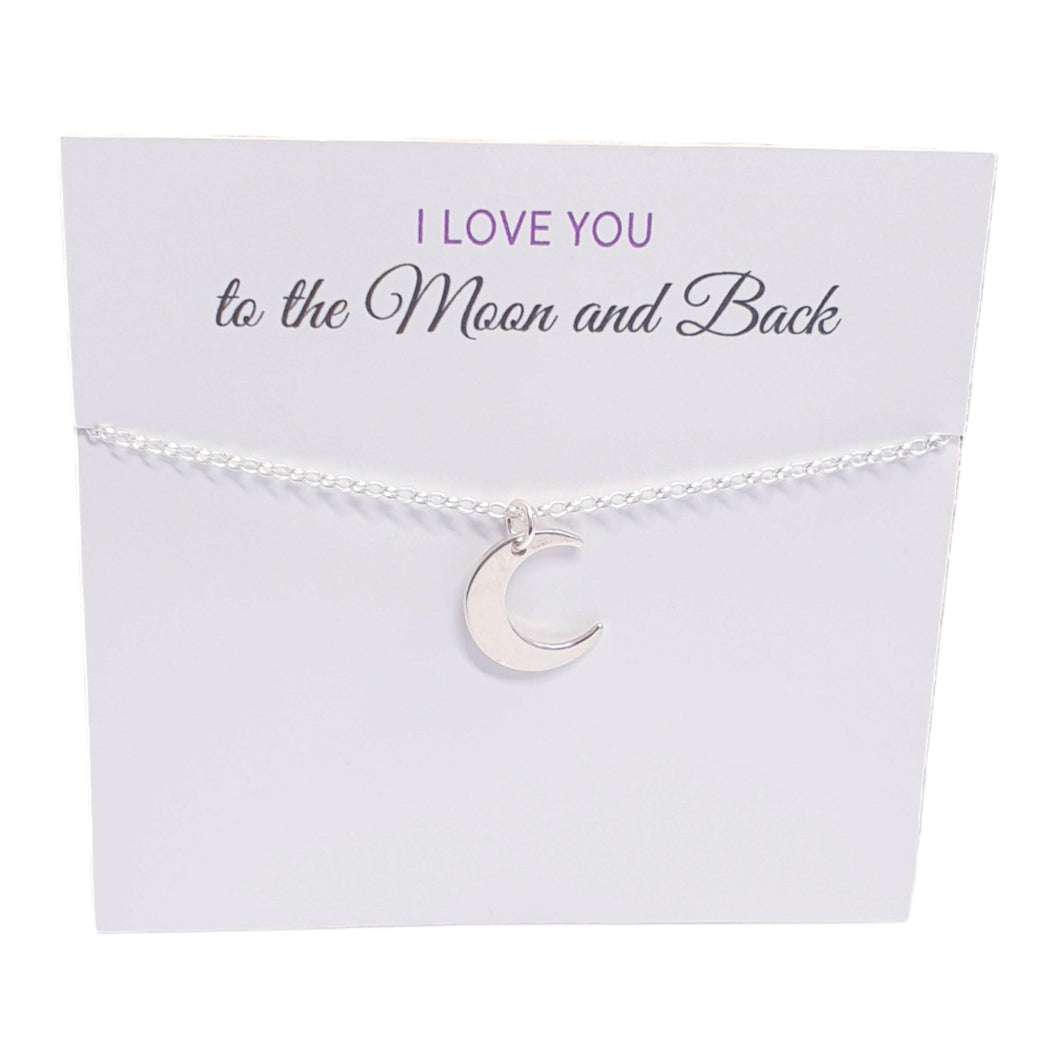 Crescent Moon Pendant Necklace Silver, I Love You To The Moon and Back Card