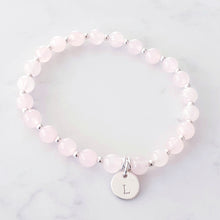 Load image into Gallery viewer, 6mm rose quartz bracelet with a personalised disc charm, and silver beads between each gemstone
