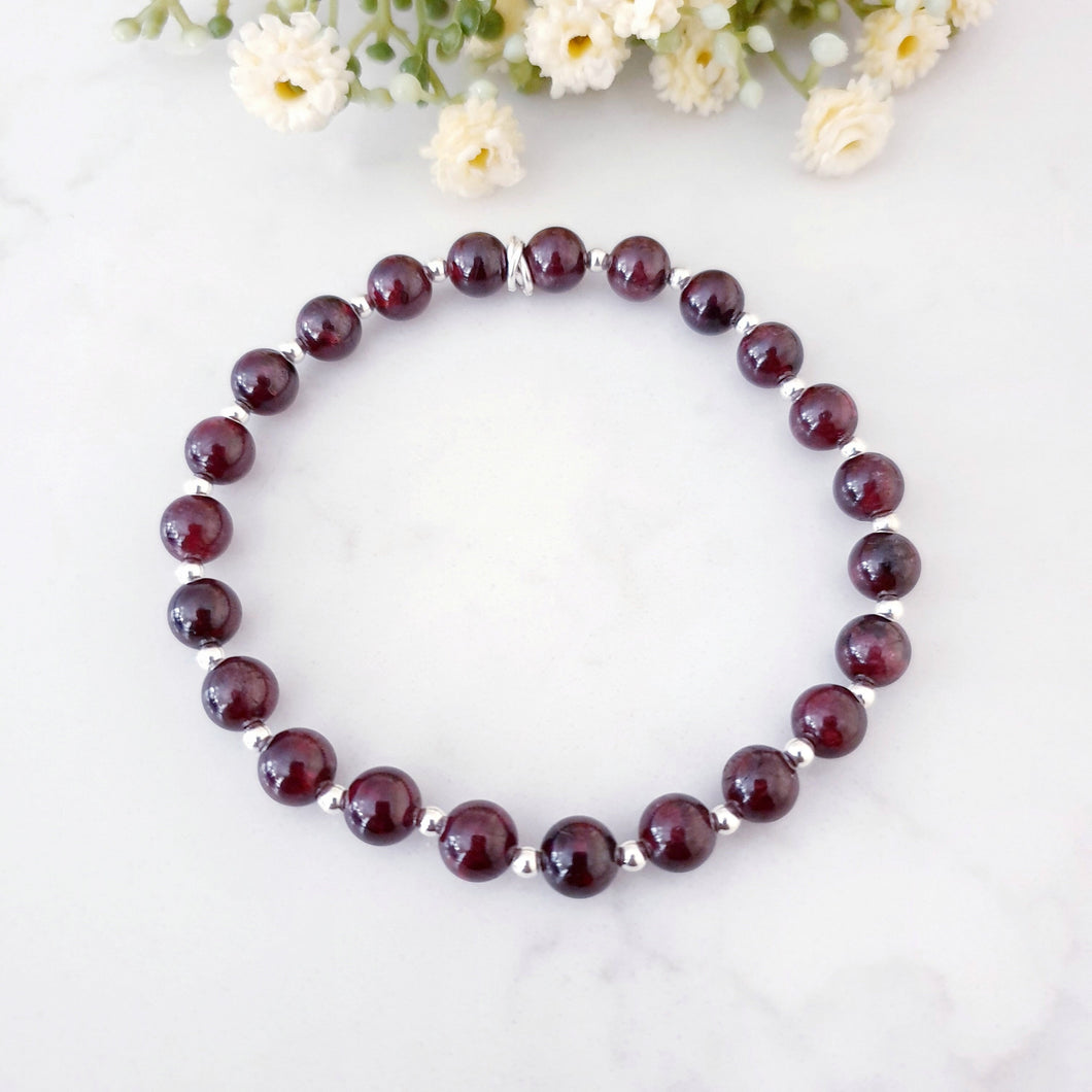 Garnet Birthstone Beaded Bracelet Sterling Silver, Birthday Gift Mum Daughter Sister, Gemstone Bracelet Stretch Design, Red Crystal Stone